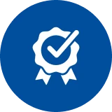 Blue circle with certification symbol