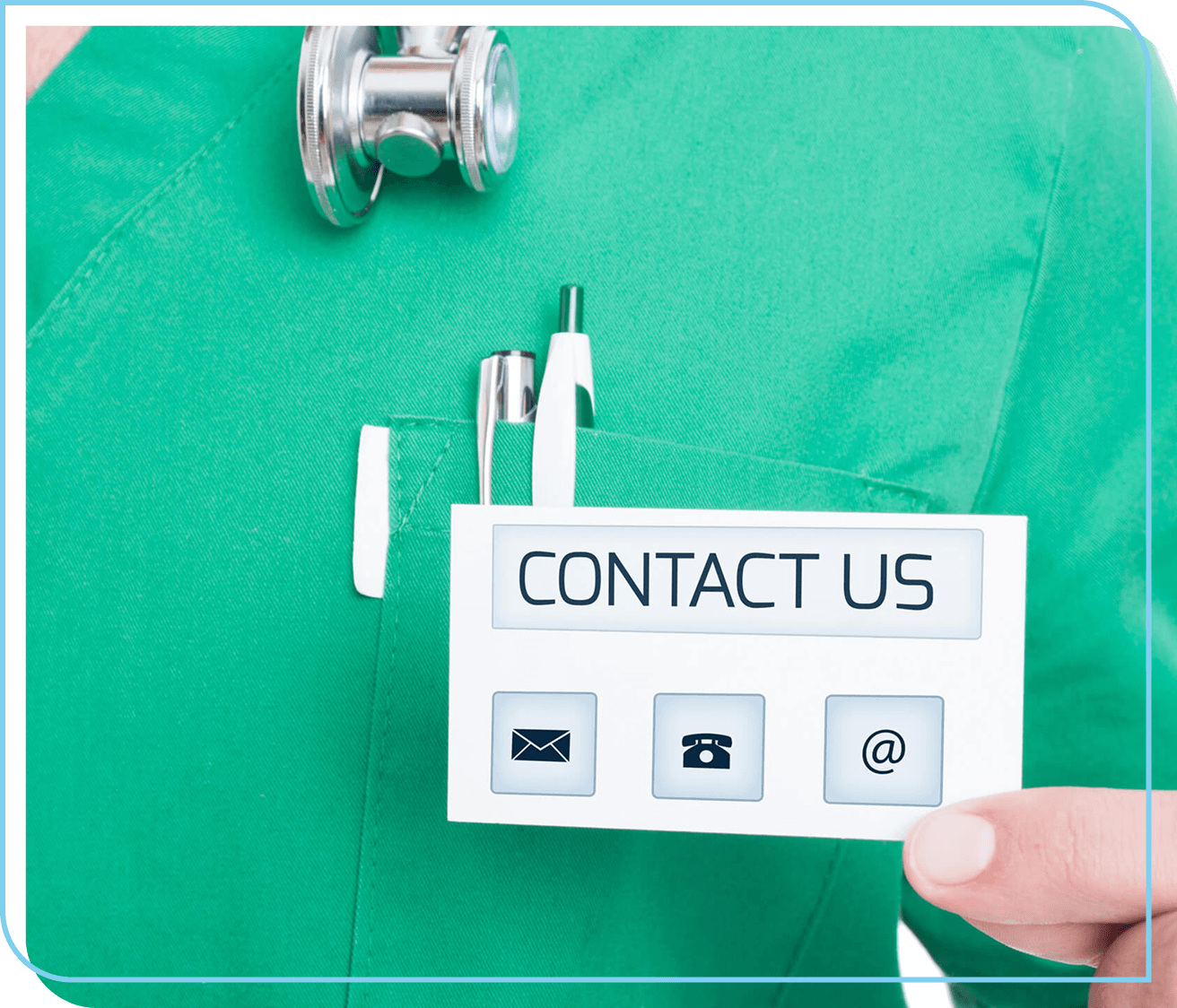 Doctor holding contact information card